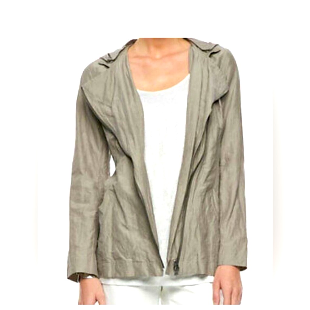 Eileen Fisher Pm Taupe Rumpled Crinkle Asymmetrical Moto Zip Jacket